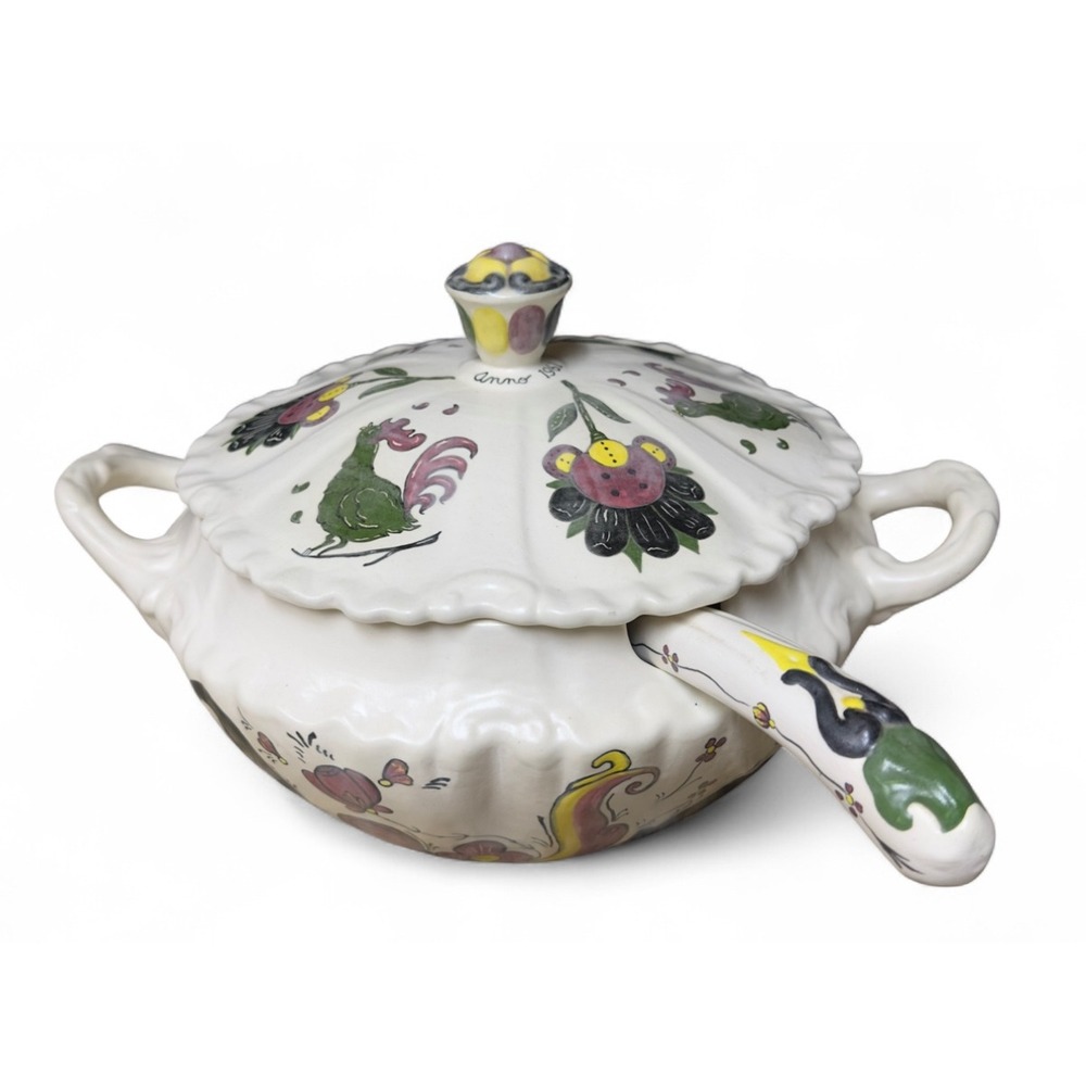 Vintage Hall‎ Anno 1961 Ceramic Covered Soup Tureen Ladle Rooster Flowers